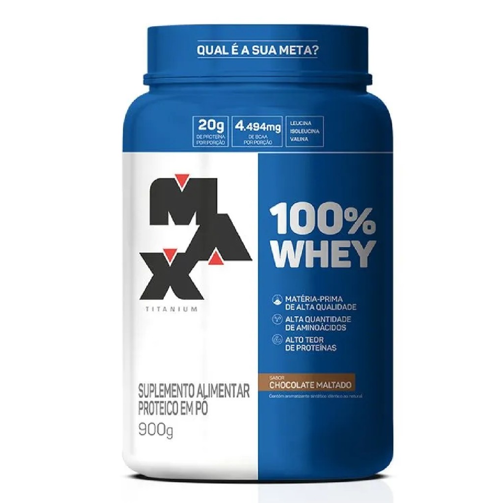 100% Whey Pote 900g Sabor Chocolate Maltado Max Titanium em Oferta na Shopee