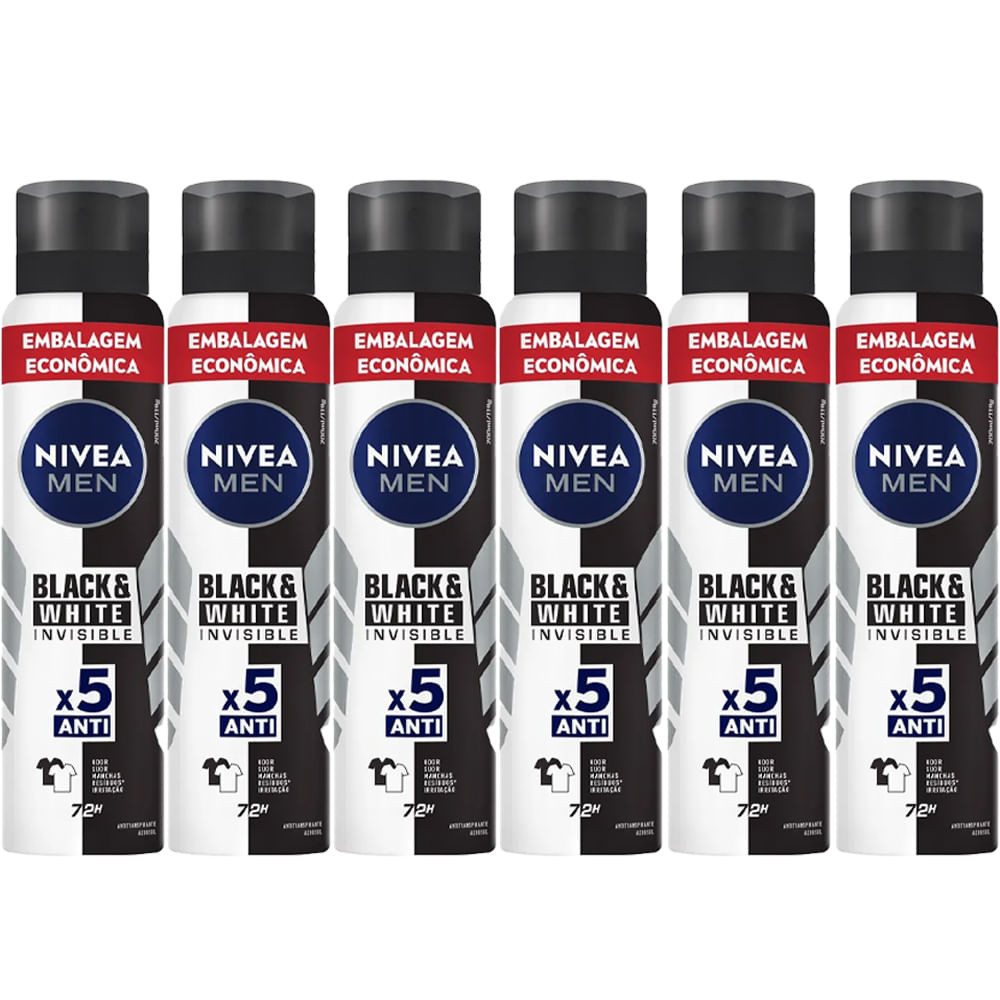 Kit Desodorante Aerosol Nívea Black & White Masculino 200ml - 6 unidades - Beauty