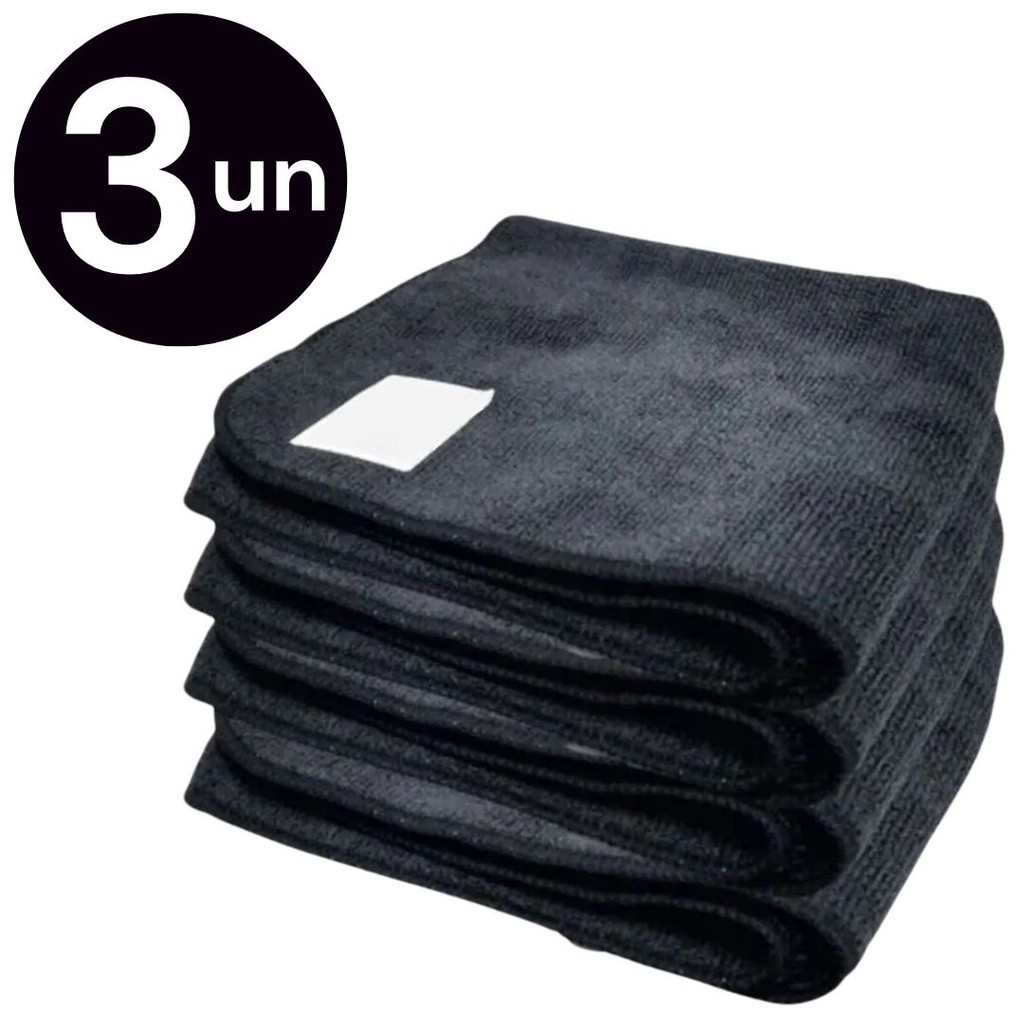 Kit 3 Pano Mágico Microfibra Grande Preto 60x40cm Anti Risco Automotivo Lava Seco Não Solta Fiapos