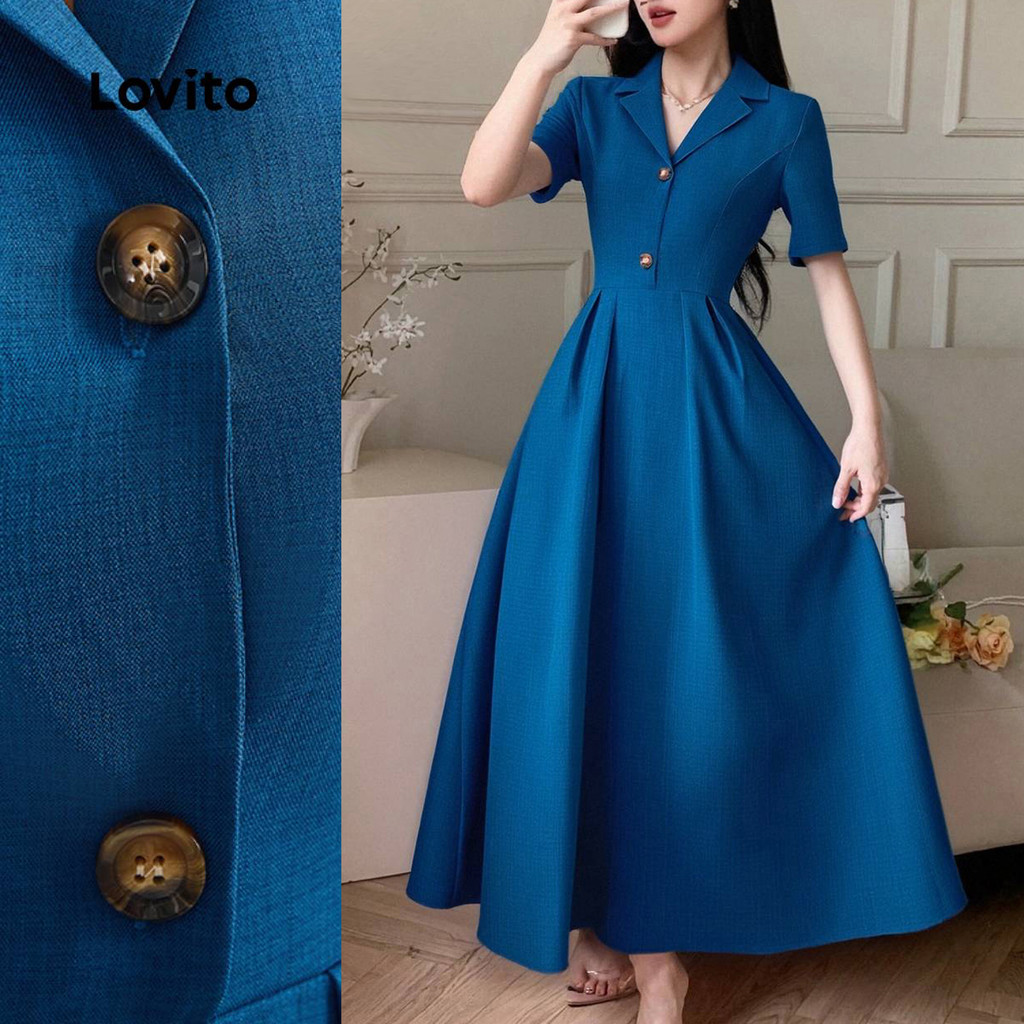 Lovito Vestido Elegante com Botão Frontal Pregueado Ótima Textura Primavera/verão Vestido azul marinho LBL26211 - Women Clothes