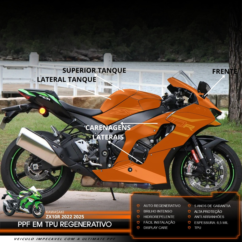 Película PPF Proteção Kit Semi Full Moto Kawasaki ZX-10R 2020 2021 2022 2023 2024 2025 Transparente TPU Anti Risco