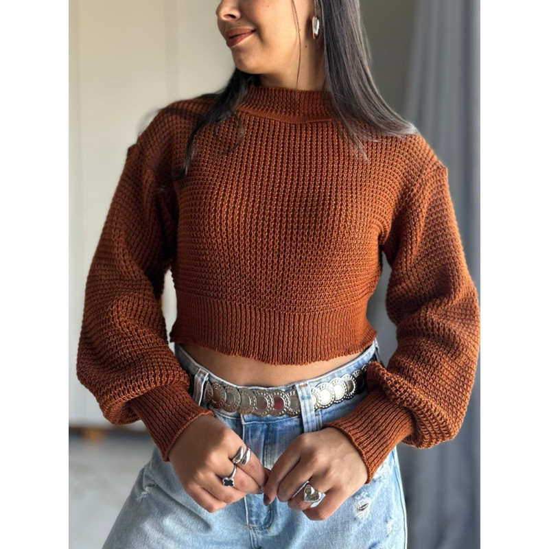 Blusa Cropped Manga Bufante Inverno Tricot Moda feminina Outono 2025 Blogueira