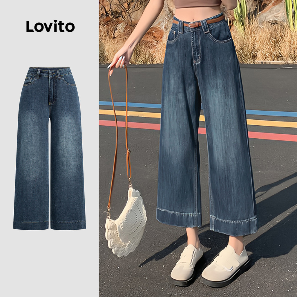 Detalhes do Lovito - Jeans Azul Casual Com Bolso Liso Lavado Para Todas As Estações Para Mulheres L134ED248
