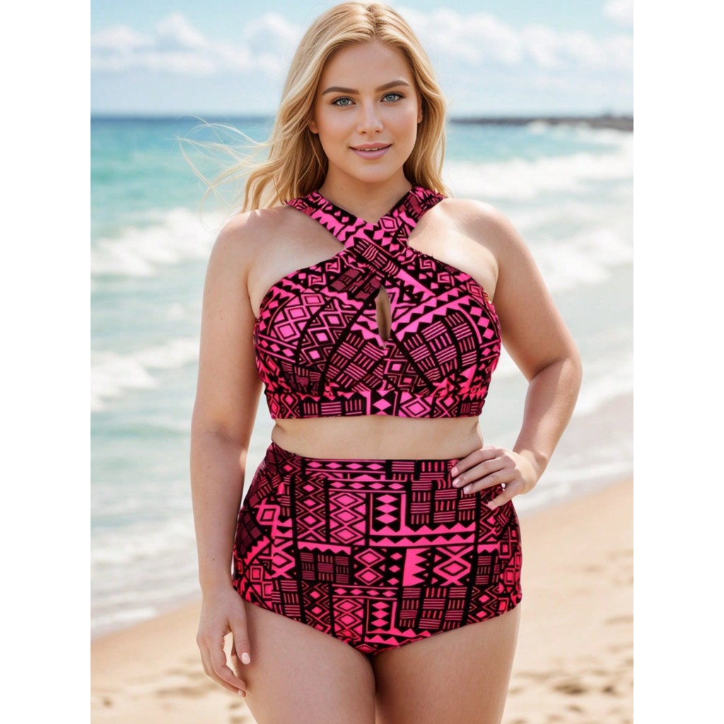 Maiô feminino plus size estampado, costas abertas, ombros cruzados, cintura alta, conjunto estampado