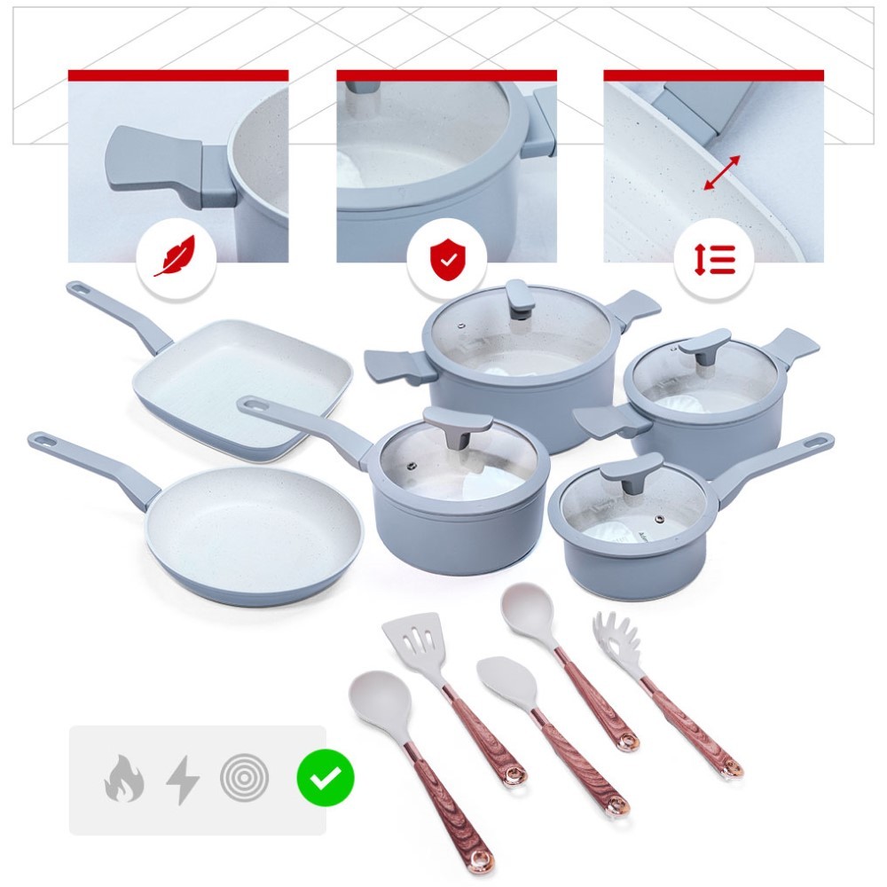 Imagem Jogo de Panelas Premium com Revestimento em Mármore Antiaderente 11 Peças Cor Cinza e Baunilha Yikasa