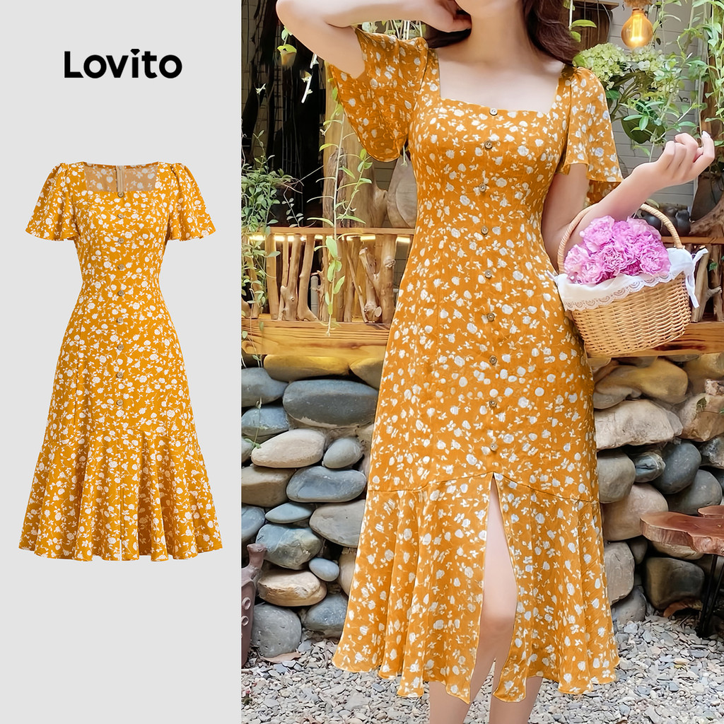 (Trendy) Lovito Vestido Boho Babado Hem Botão Zíper Primavera/Verão Vestido Amarelo Para Mulheres L134ED673 em Oferta na Shopee