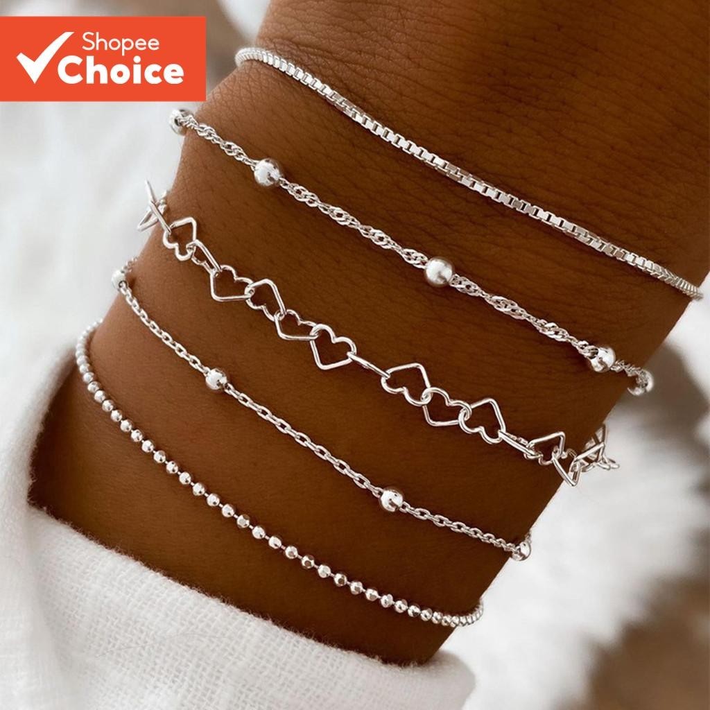 Conjunto De Pulseira Com Corrente De Coração Para Mulheres , Joias Em Camadas Ajustáveis , Presente Minimalista De Amor