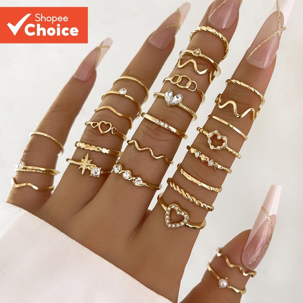Conjunto De Anel Ondulado De Coração , 28 Peças , Para Mulheres , Cristal Geométrico , Str...