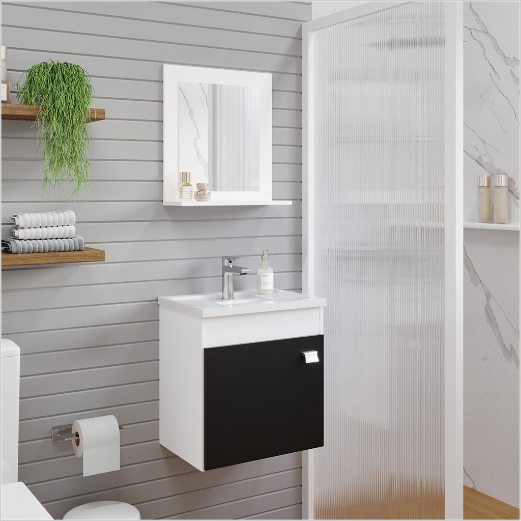Armário Gabinete e Espelheira P/ Banheiro 1Pt Iris 44cm Branco Preto MGM Móveis