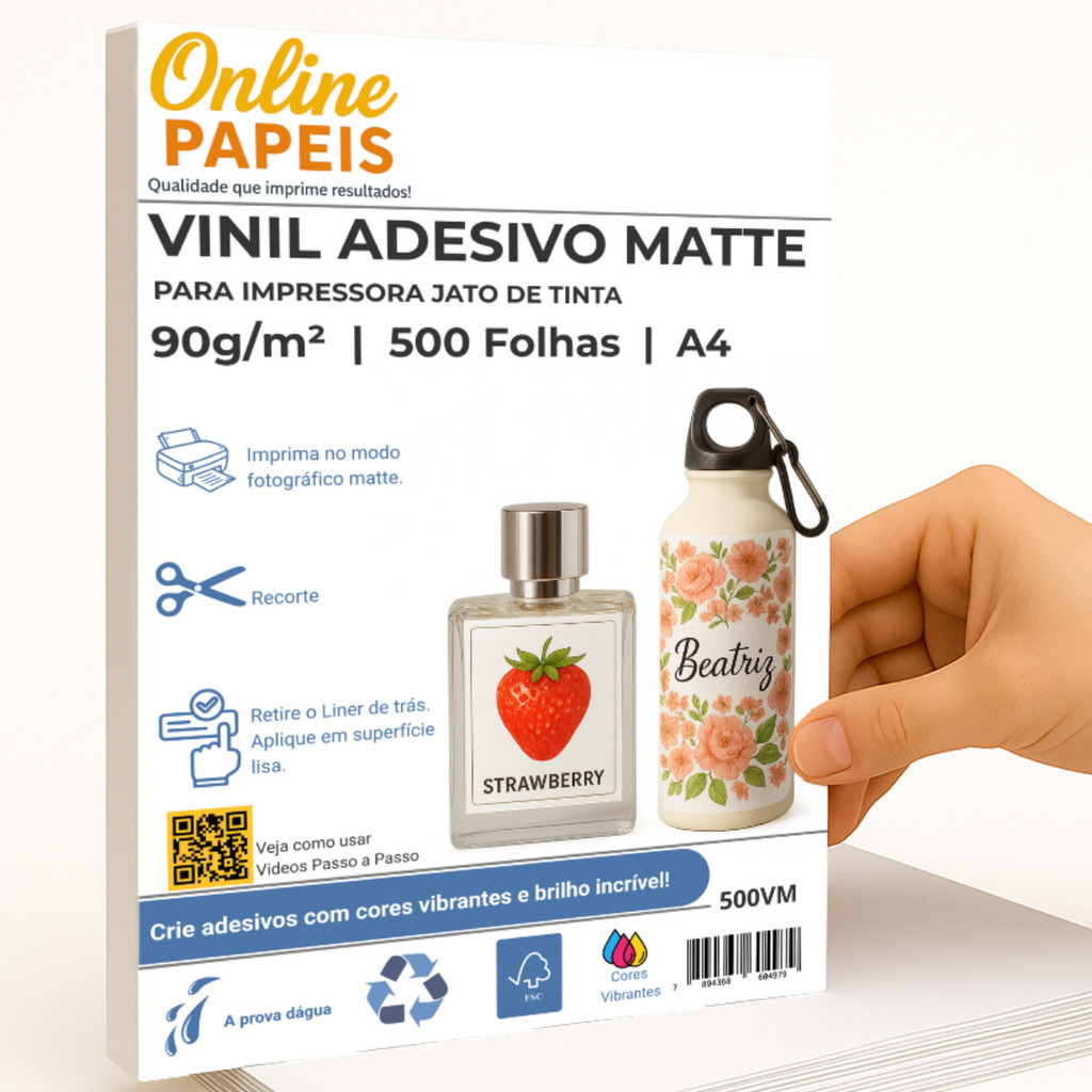 Vinil Adesivo Matte A4 90G A Prova d'água 500 Folhas Profissional Jato Tinta