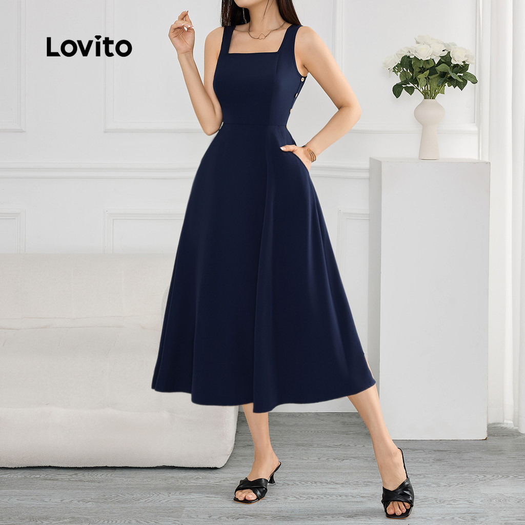(Trendy) Lovito Vestido Elegante de Bolso com Estrutura de Botões Linha Primavera/verão Azul marinho LBL26228 em Oferta na Shopee