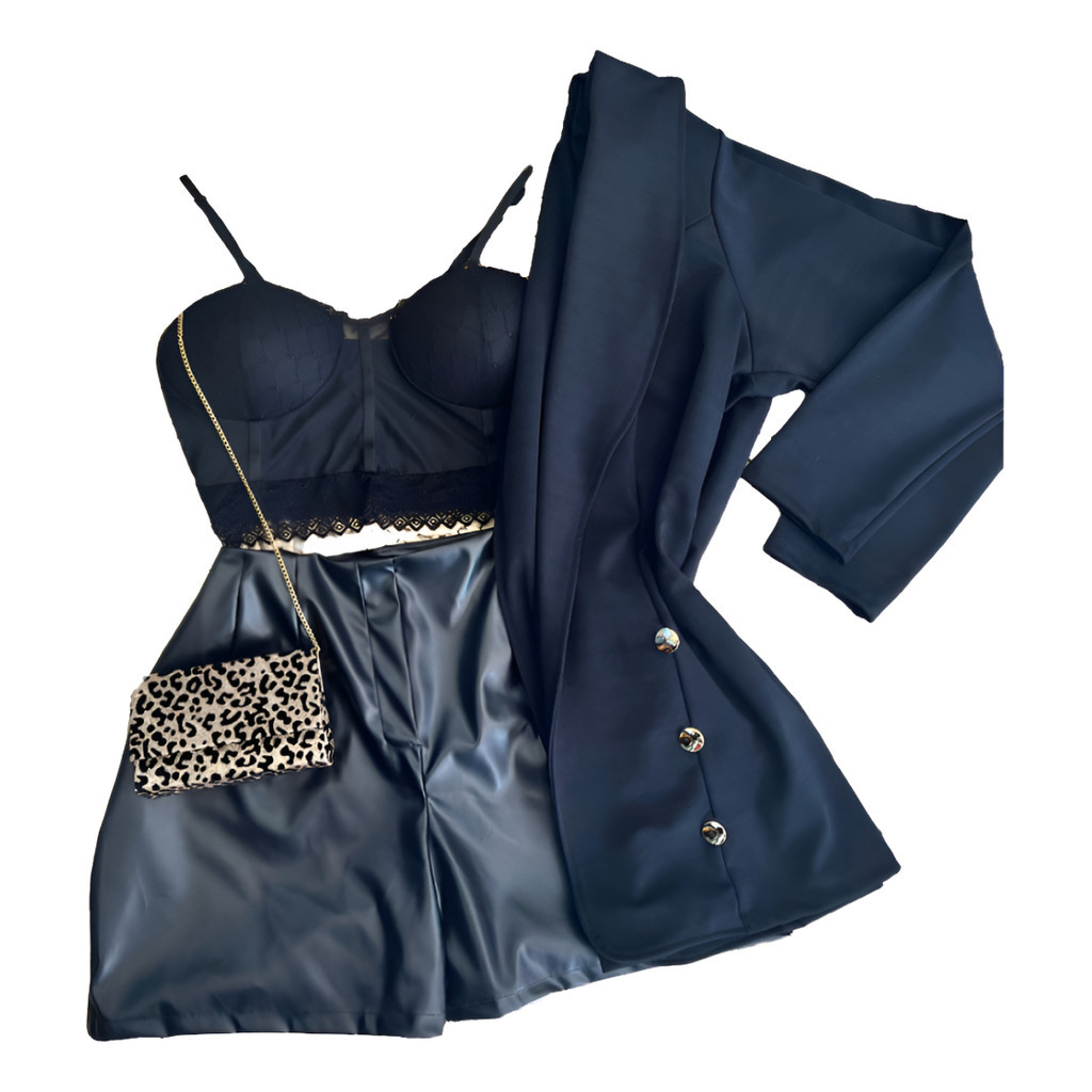 Conjunto Short Couro Plus Size+ Cropped Renda + Blazer Botão CONJUNTO PLUS SIZE