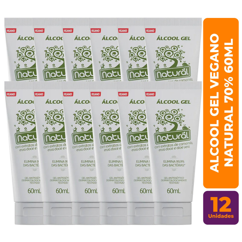 Kit c/ 12 Álcool Gel Natural Vegano 70% C/ Extrato de Camomila, Erva Doce e Aloe Vera 60ml