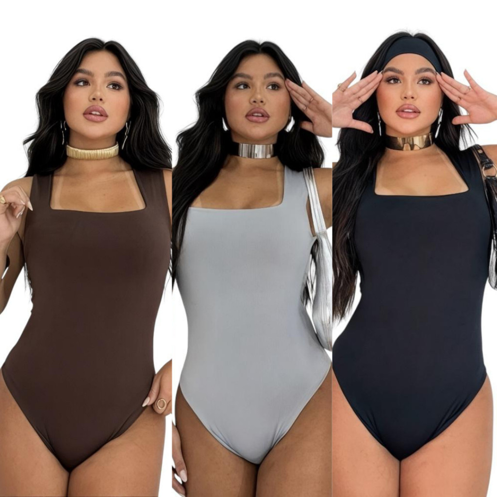 KIT 3 BODY FEMININO REGATA SUPLEX DECOTE QUADRADO FORRO DUPLO