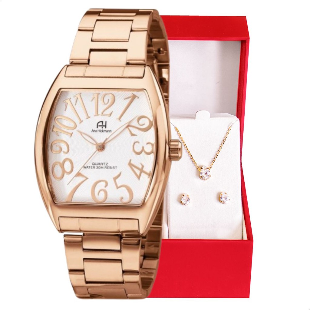 Relógio Champion Ana Hickmann Analógico Aço Rosé AH20079Z Kit Colar e Brincos