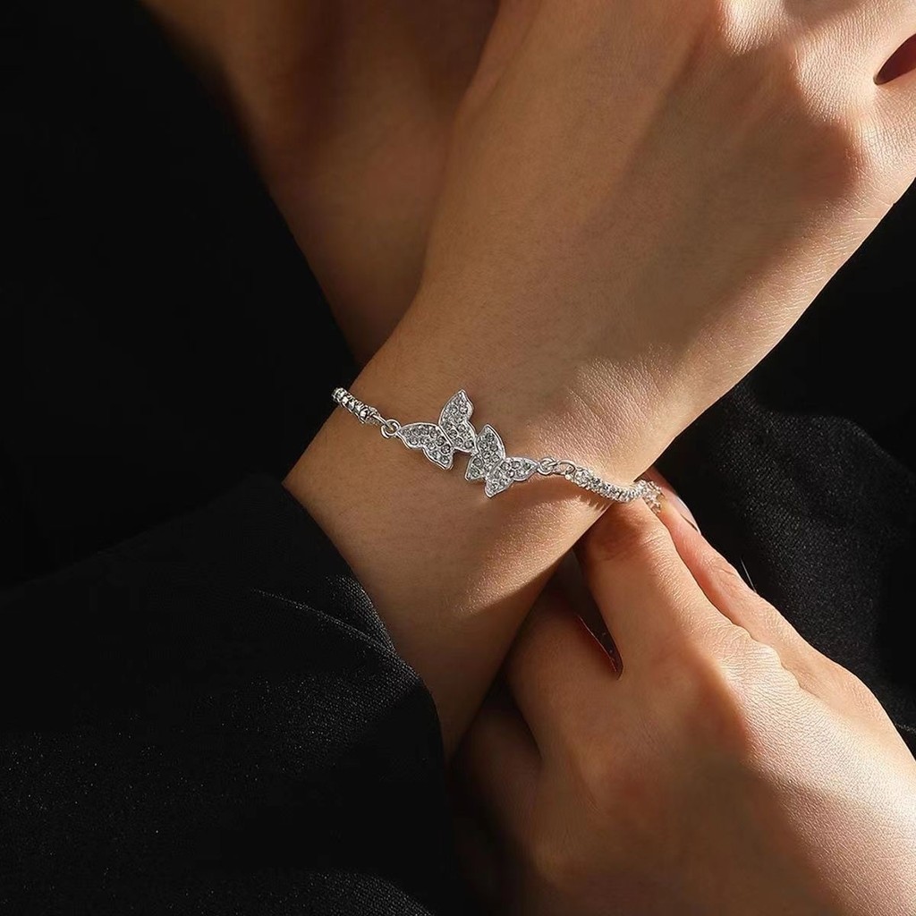 Pulseira Borboleta Prata Feminina Zircônia Brilhante Delicada Ajustável Luxo Semijoia Presente