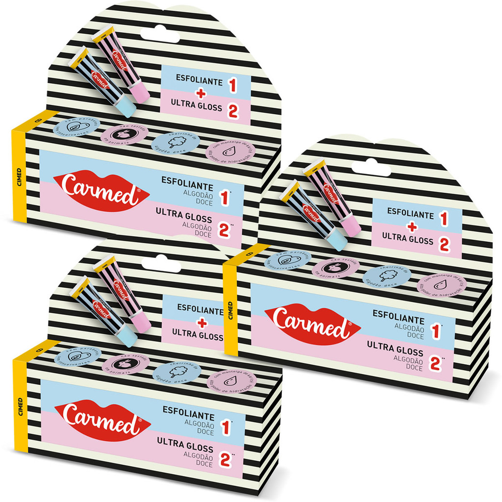 Kit 3 Carmed SOS Lábios Algodão Doce Esfoliante 10g/Ultra Gloss 10g em Oferta na Shopee