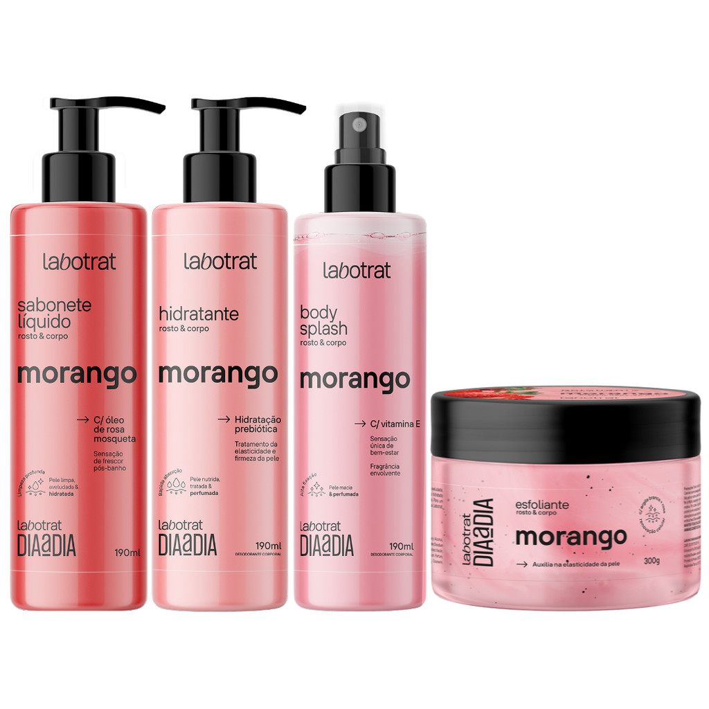 Kit Banho Premium Labotrat Morango Completo 4 Produtos C/ Body Splash Corpo E Rosto Cheiro De Fruta
