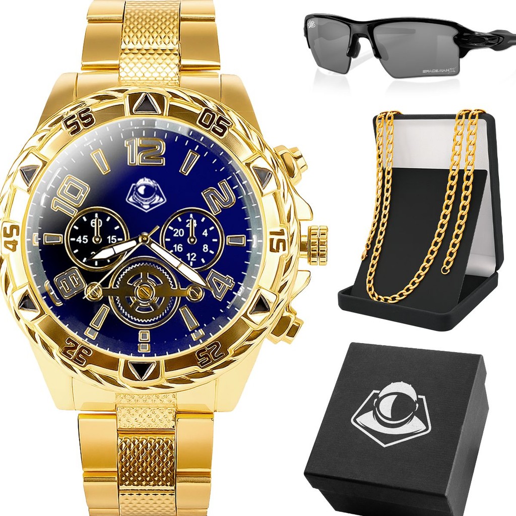 Relogio Inox Aco Masculino Banhado + Cordao Oculos + Caixa preto pesado grande protecao uv presente
