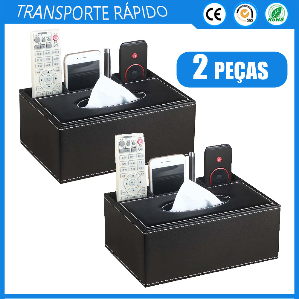 2x Caixa de lenços de papel multifuncional preta organizadora de gavetas de controlo remoto para telemóvel e caneta