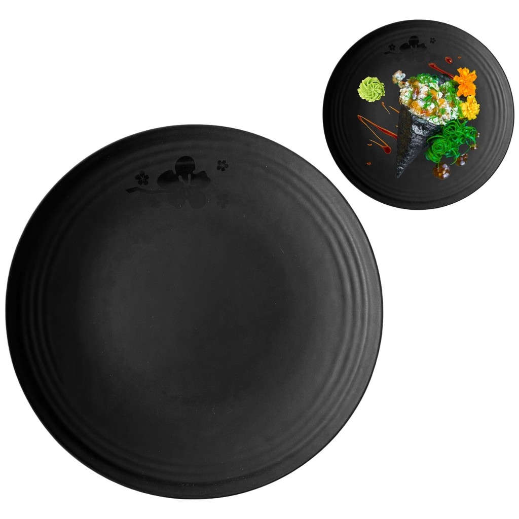 Prato Oriental Preto Kanpai 25cm em Melamina Japonesa