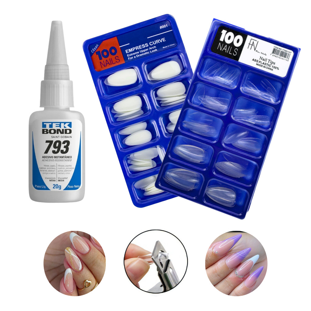 Kit 100 Unhas Postiças AMENDOADAS Natural Realista + Cola Tek Bond 793 20g