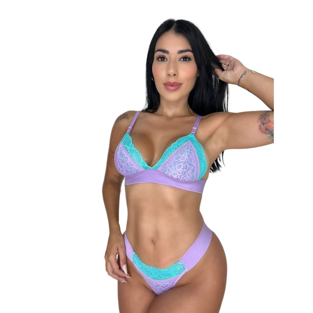 Conjunto Feminino Neon Sutiã Sem Bojo e Calcinha Em Renda Lingerie Sexy Confortável Espera Marido
