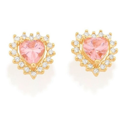 Brinco Rommanel Coração Rosa Com Zircônias Brancas 526650 Cor Dourado