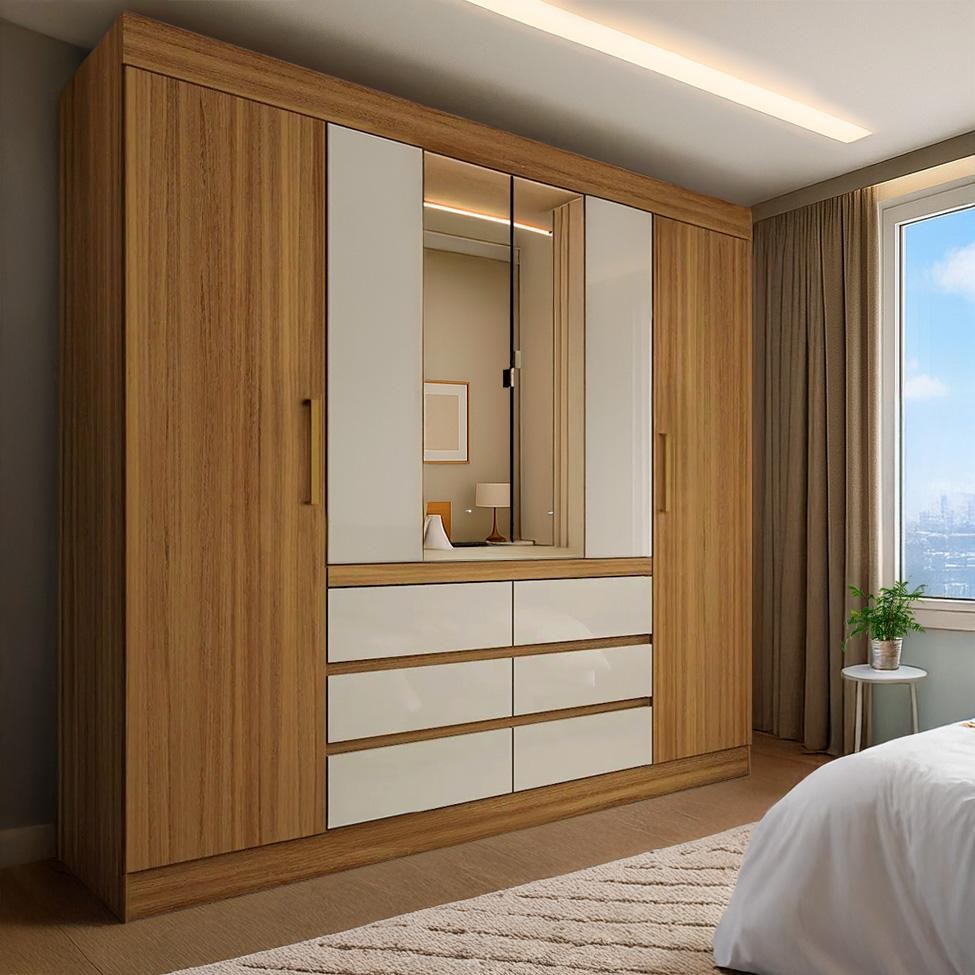 Guarda-Roupa Casal com Espelho Trevi 4 Portas 6 Gavetas Cinamon e Off White