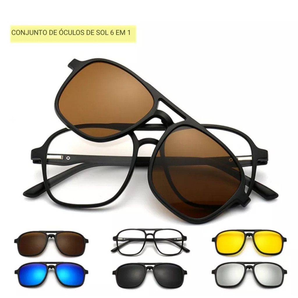 Armação Óculos De Sol Multicolor 6 em 1 com Clip Magnetico Troca Lentes Polarizado Proteção UV400 Barato