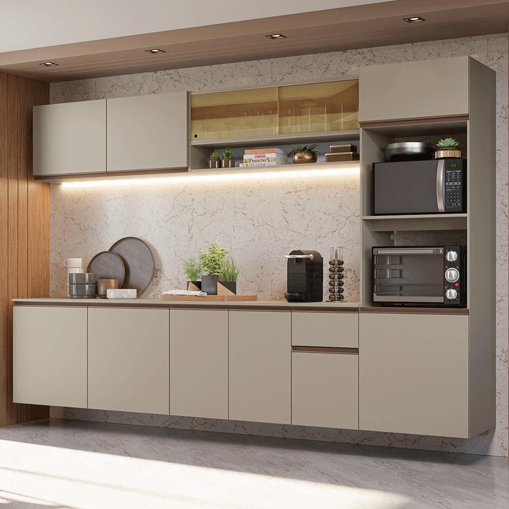Armário de Cozinha Completa 300 cm Suspenso Crema Nice Madesa 03 em Oferta na Shopee