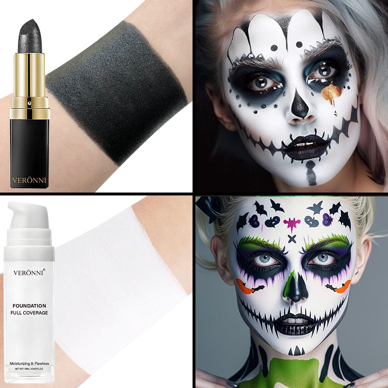Conjunto De Base Líquida Branca VERONNI + Batom Preto Adequado Para Maquiagem Gótica Extrema , Halloween , Dramatização — imagem 2 de 2