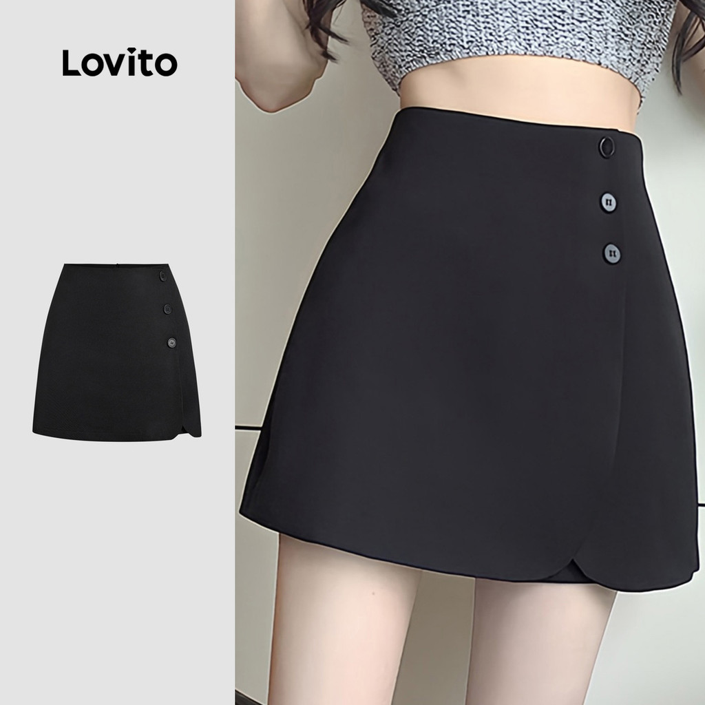 (New) Lovito Shorts Casuais Divisão Frontal  Primavera/verão  Shorts Pretos para Mulheres L143AD597 em Oferta na Shopee