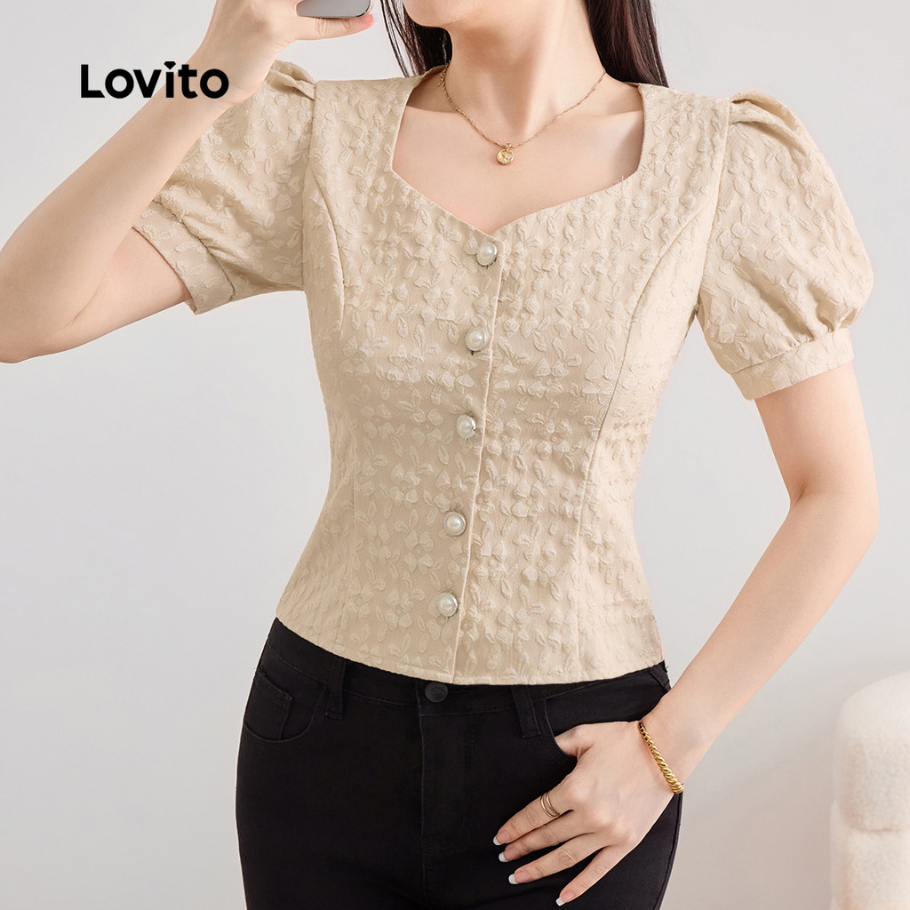 (Elegante) Lovito Blusa de Botões com Linha de Textura para Primavera/verão Blusa de Damasco para mulheres L243AD1777