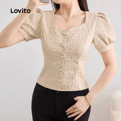 (Elegante) Lovito Blusa de Botões com Linha de Textura para Primavera/verão Blusa de Damasco para mulheres L243AD1777