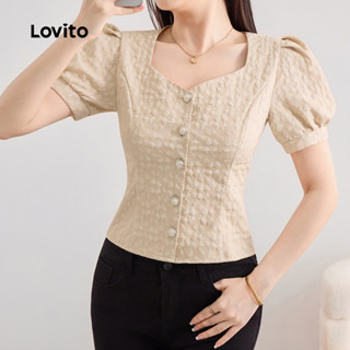 (New) Lovito Blusa Casual de Botões com Linha de Textura para Primavera/verão  Blusa de Damasco para mulheres L243AD1777 em Oferta na Shopee