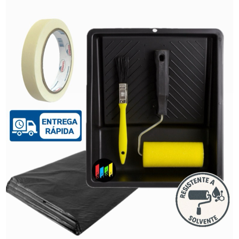 Kit de Pintura Rolo de Espuma 9cm C/ Suporte, Trincha 12mm e Bandeja Pequena - Desenroll