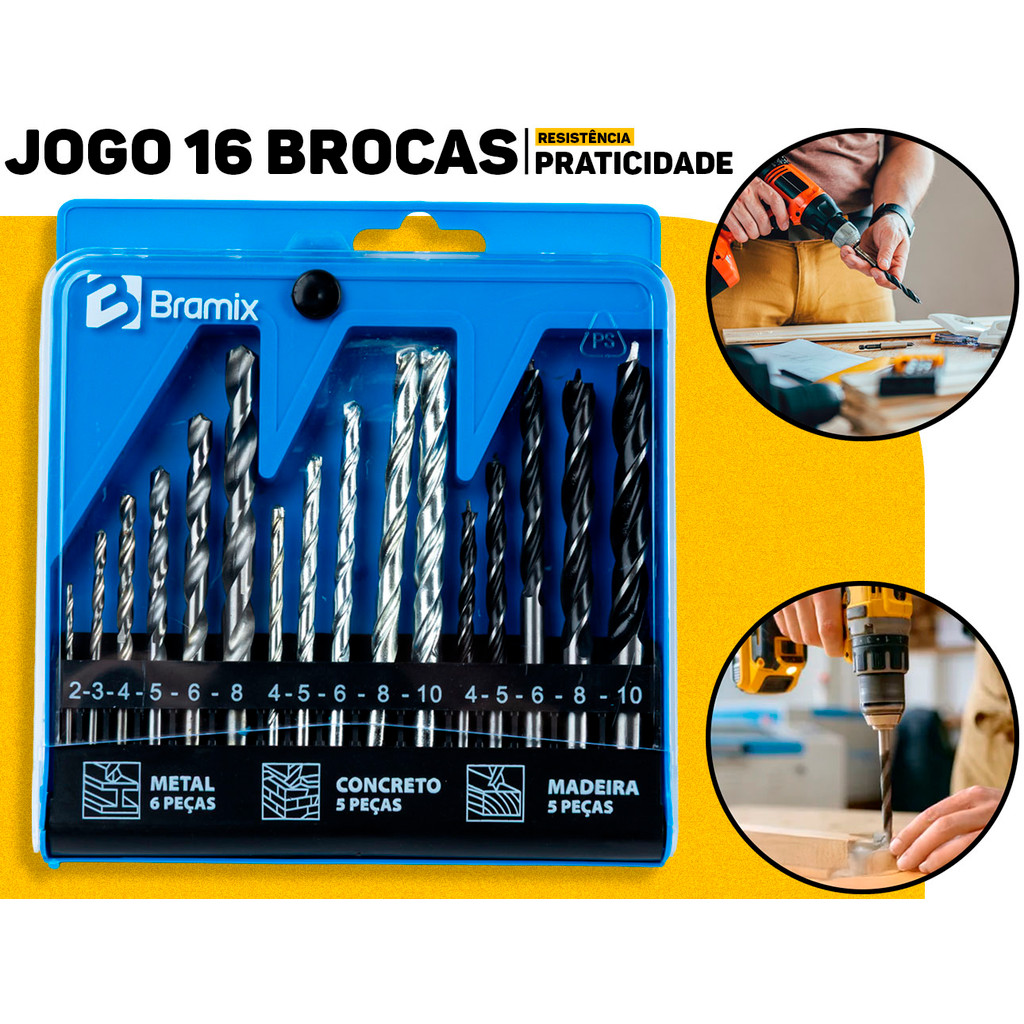Jogo De Brocas 16 Peças P/ Madeira Metal Concreto Kit Completo 4mm a 10mm C/ Estojo Bramix em Oferta na Shopee