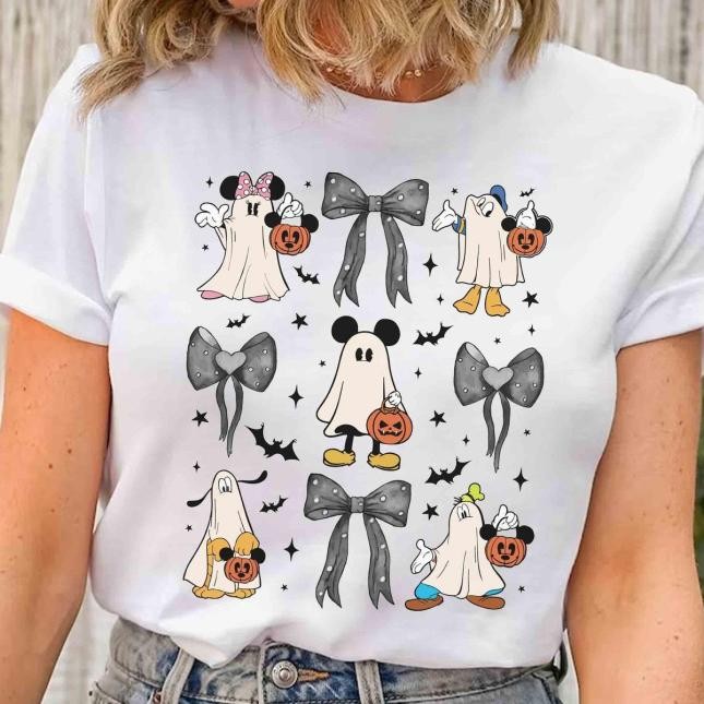 Camiseta Masculina e Feminina Algodão Oversized Estampa Mickey And Friends Ghost Coquette Bow Halloween TShirt
