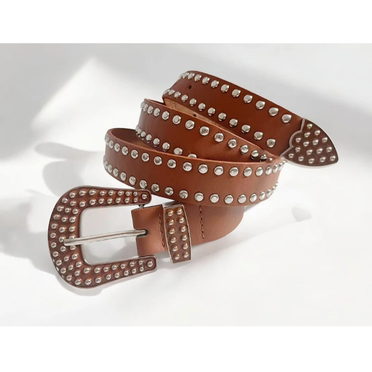 Cinto Femininio Country Com Detalhe Bolinhas Metálicas Prata Couro Pu
