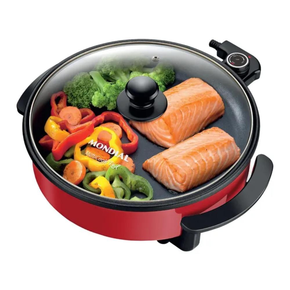 Panela Elétrica Mondial Multifuncional com Grill Redonda Multicook Red 1200W 220V - PE-28 em Oferta na Shopee