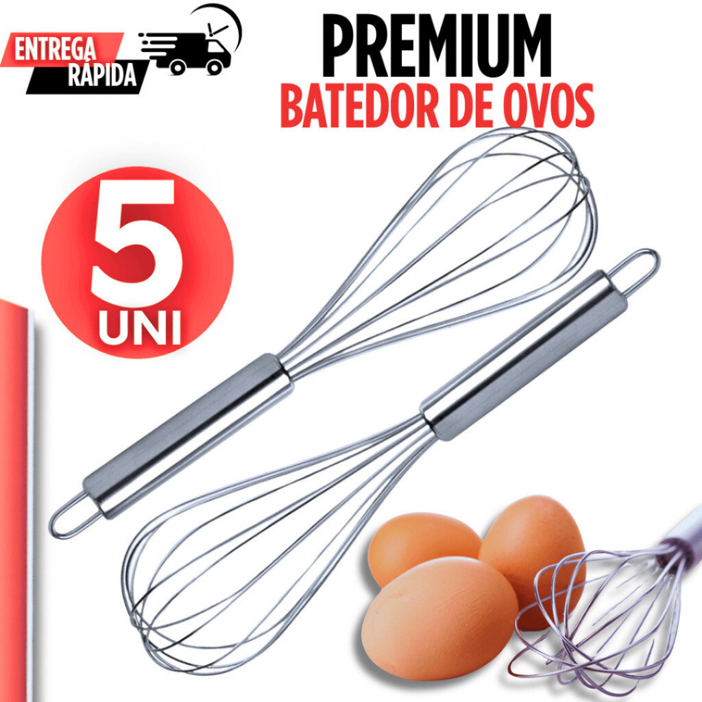 Conjunto 5 Batedor de Ovos e Massas em Aço Inox Fouet Mixer Manual 30cm Para Cozinha Profissional