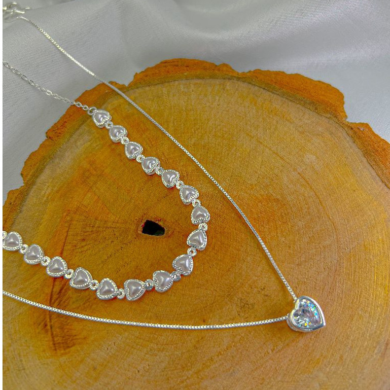 KIT 2 Choker Colar de pérolas de coração + Colar Com coração Ponto De Luz banhado a prata a ouro 18K