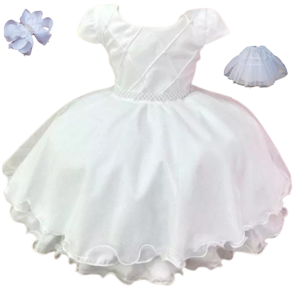 VESTIDO BRANCO BATIZADO  COM PEROLAS SAIOTE EM TULE E LAÇP DE CABELO TAMANHO 1 AO 4 LE034
