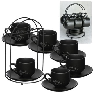 Jogo 6 Xícaras De Café Porcelana 90ml C/ Pires Manhattan e Suporte Aço Preto Retrô em Oferta na Shopee