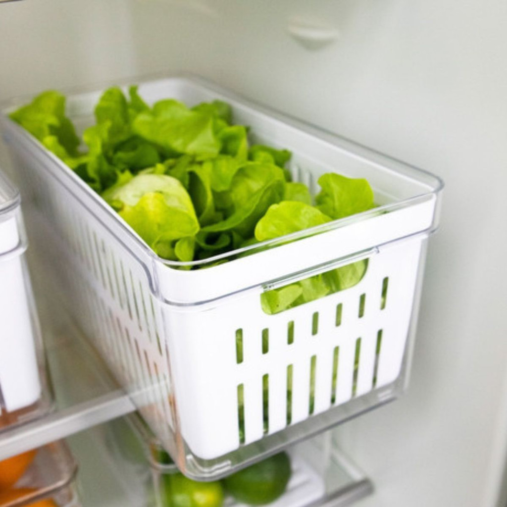 Organizador De Geladeira Grande 5 Litros Com Tampa E Grade OU -Salada Frutas e Verduras com Cesto escorredor Clear Fresh em acrílico - 5 Litros