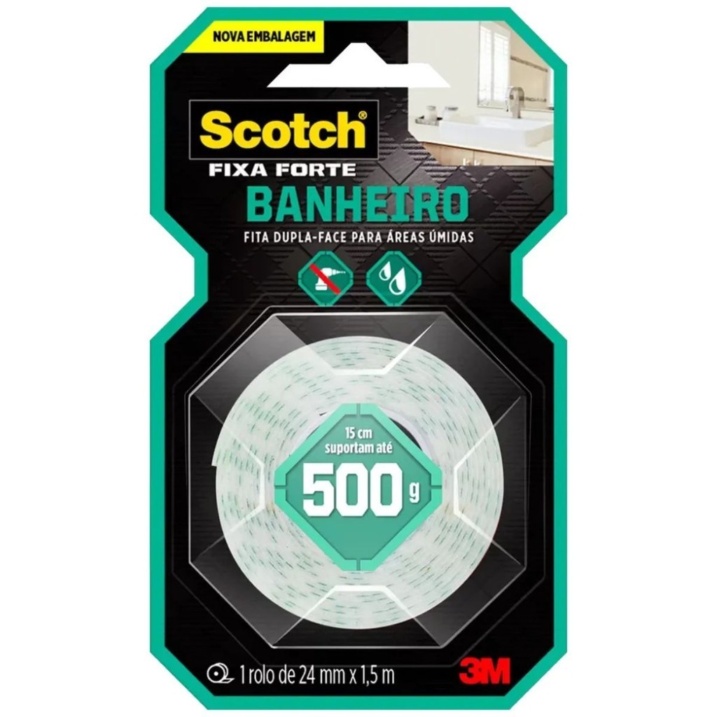 Fita Dupla Face Scotch 3M Áreas Úmidas 24 mm x 1,5 m Espuma Fixa Forte