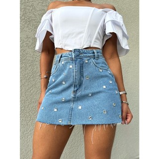 Lukasjeans 4001 saia jeans com brilho curto feminina com bolsa