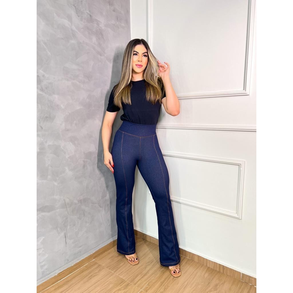 Calça Flare Jeans Fake Cintura Alta Boca de Sino bolso