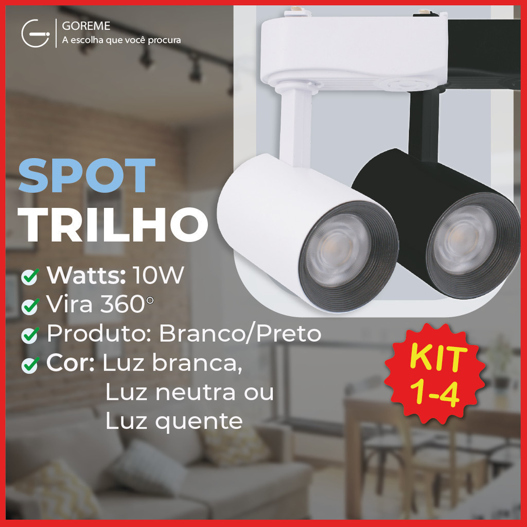 Kit 1-4 Trilho Spot LED para trilho eletrificado Tubinho Preto e Branco 10W 360° | Luz Branca, Luz Neutra e Luz Amarela | Para ambientes internos modelo econômico Bivolt 110V-220V - Home & Living
